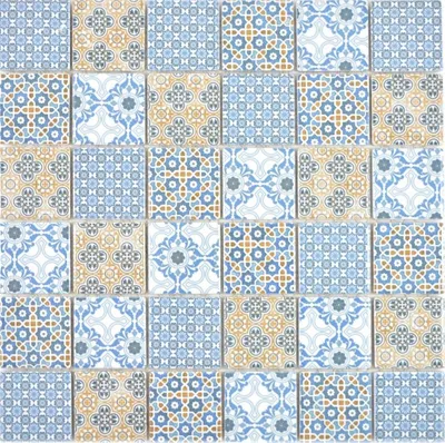 Produktbild von Keramik Mosaik Retro beige gelb blau weis Mosaikfliese Patchwork Ornament Nachbildung Vintage Wand Fliesenspiegel Küche Bad MOS14-1234