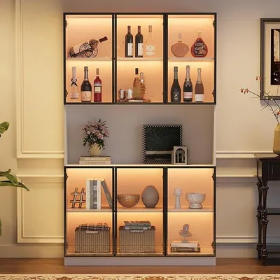 Image de Vitrine étroite en verre avec éclairage LED intégré et système de fermeture douce, armoire vitrée avec 6 portes en verre et un compartiment ouvert, meuble vitrine haut pour salon, couloir ou cuisine, dimensions : 120 x 34 x 200 cm, couleur : blanc
