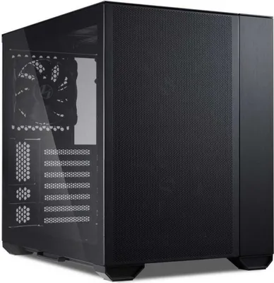 A black computer tower case with a glass side panel.