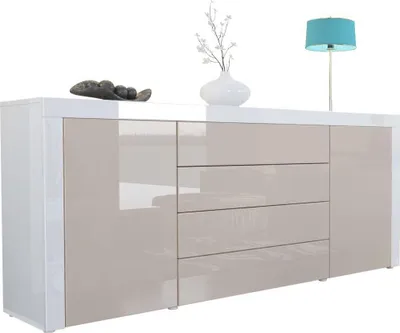 Produktbild von Vladon Sideboard Kommode La Paz, Germany, Korpus in Weiß Hochglanz / Front in Sandgrau Hochglanz mit Rahmen in Weiß Hochglanz