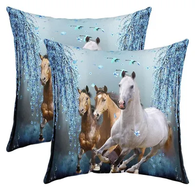 Zdjęcie produktu dla Poszewki na poduszki 50x50 cm, zestaw 2 sztuki, motyw koni i kwiatów, kolor niebieski, materiał: poliester