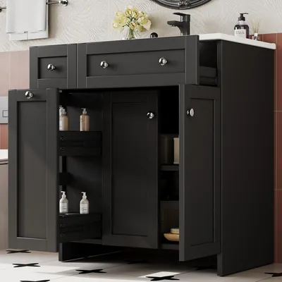 Produktbild von Merax Waschbeckenunterschrank, freistehend Badezimmerschrank mit Keramikbecken, Tür, 3 Schubladen mit 8-Fach-Organizer, Badezimmerwaschtisch, Schwarz