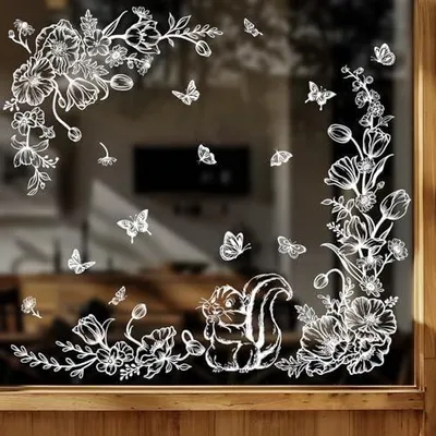 Produktbild von Tanlaby Fensterbilder Blumen Weiße Fensteraufkleber Selbstklebend Schmetterling Eichhörnchen Blumig Fensterdeko Frühling Sommer Fenstersticker für Fenster Glas Türen