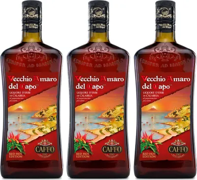 Produktbild von Vecchio Amaro Del Capo Red Hot Edition 3er Set, Kräuterlikör, Spirituose, Alkohol, Flasche, 35 %, 3 x 700 ml