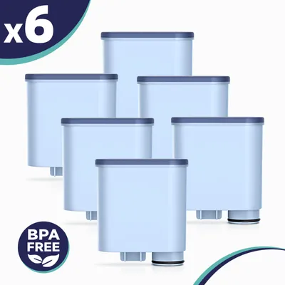 Six water filters arranged in a staggered pattern on a white background.