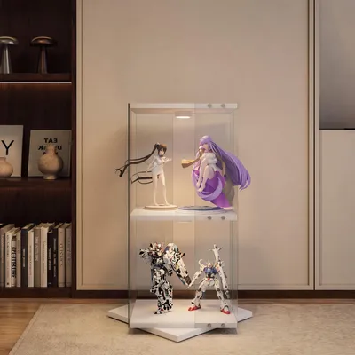 Image de Vitrine LED UnboxG, blanche, 38x38x82 cm, avec 2 étagères pivotantes, éclairage RGB, télécommande et système anti-basculement