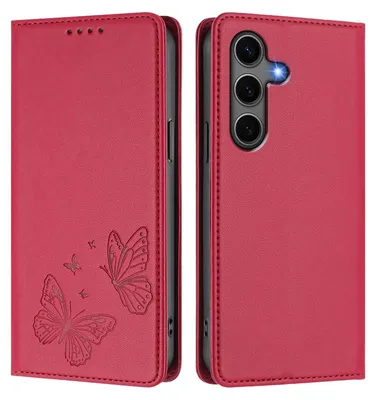 Obrázek produktu pro Kožené pouzdro pro Samsung Galaxy S25+ / S24+, motýlí ražbou, peněženkové flip pouzdro se stojánkem Červená