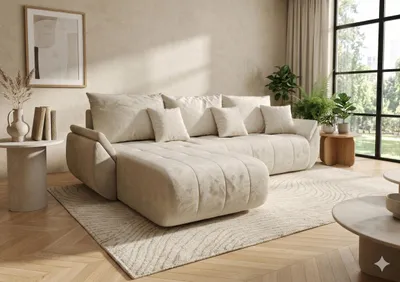 Produktbild von CORNERO Ecksofa mit Schlaffunktion SYDNEY Sofa L-Form Couch mit Bettkasten Eckcouch mit Stauraum Velourstoff Creme Ottomane links