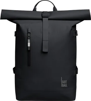A black rolltop backpack shown from the front.