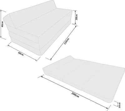 A diagram showing the dimensions of a folding mattress in two configurations.