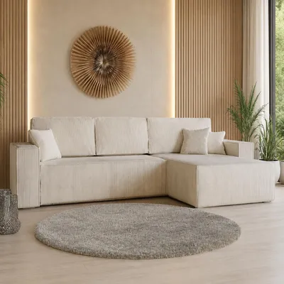 Produktbild von GOLDSTOFF Ecksofa mit Schlaffunktion und Bettkasten | Ecksofa L-Form für Wohnzimmer | Cord Sofa mit Liegefläche 230x147cm | Schlafsofa (Beige)