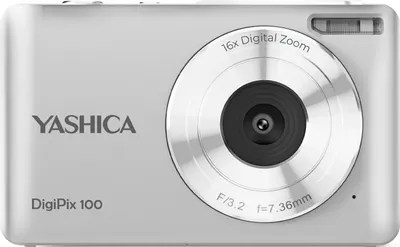 A front-facing studio shot of a silver digital camera.