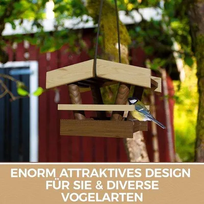 Produktbild von Vogelhäuschen aus Holz, 19 x 19 x 15 cm,, hochwertig, wetterfest, ideal für Garten und Balkon, mit robustem Seil, Vogelfutterhaus