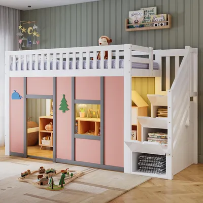 Produktbild von MODFU Kinderbett 90x200 Hochbett mit Stauraumtreppe,Jugendbett mit LED, Spielbereich und Rausfallschutz,ohne Matratze,Weiß