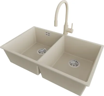 Produktbild von PRIMAGRAN Granitspüle Beige 76x47cm, Spülbecken 2 Becken + Küchenarmatur 38x14cm + Ablauf-Set, Küchenspüle ab 80er Unterschrank - London Slim Twin