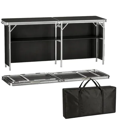 Zdjęcie produktu dla Składana ekspozycyjna półka L, 196 x 38 x 85 cm, mobilny stół ekspozycyjny z 2 półkami i torbą transportową, aluminium, czarny
