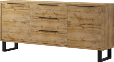 Produktbild von Furniture24 Kommode Halle 25 Wohnzimmerschrank, Merzwerschrank, Sideboard mit 2 Türen und 3 Schubladen, Wotan Eiche Nachbildung