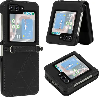 Produktbild von Hülle für Samsung Galaxy Z Flip 5 Prägung Flip Leder Kartenfächer Schutzhülle mit Ständer Schwarz