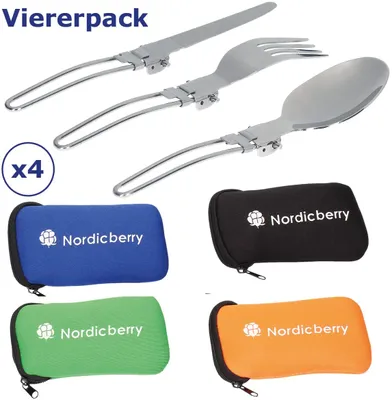 Produktbild von NORDICBERRY Premium Outdoor Klappbesteck und Campingbesteck aus hochwertigem Edelstahl mit Neoprentasche (Viererpack)