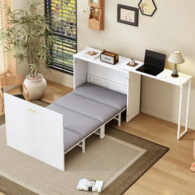 Produktbild von MODFU Moderner Schrankbett Schreibtisch mit Rollen Klappbett mit drehbarem Schreibtisch und Matratze Sideboard geeignet für Wohnzimmer oder Schlafzimmer Weiß