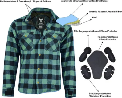 Produktbild von Herren Motorradhemd Lumberjack Holzfäller Hemd motorradjacke mit Protektoren, Größe:52/L, Farbe:Grün