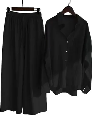 Obrázek produktu pro ASKSA Dámský kalhotový kostým mušelínová halenka Dvoudílné letní tričko s dlouhým rukávem Kalhoty s širokými nohavicemi Loungewear, černá, vel: M