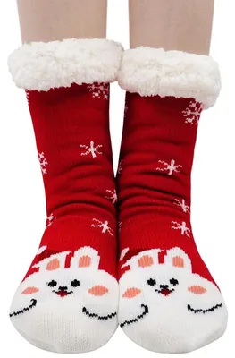 Produktbild von Stoppersocken Damen dick mit Anti Rutsch Sohle, Haussocken warm flauschig mit Innenfrottee, Größe 36-41, Rotes Kaninchen