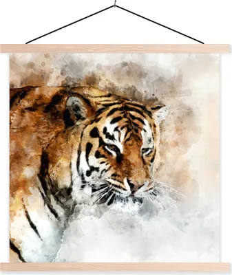 Produktbild von MuchoWow® Textilposter Tiger - Gemälde - Weiß 120x120 cm mit holzfarbenen Rahmen - Textil-Poster