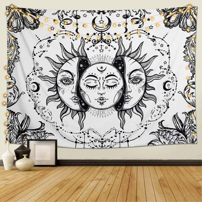 Obrázok produktu pre Tarotová tapiséria Psychedelická tapiséria Slnko a Mesiac Mandala Uterák na stenu Uterák Čiernobiely Tapiséria Nástenná tapiséria Spálňová dekorácia (biela, 100 x 150)