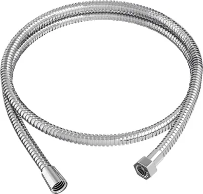 A silver, flexible shower hose coiled on a white background.