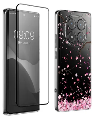 Produktbild von kwmobile Hülle kompatibel mit Xiaomi Redmi Note 14 Pro 4G Handyhülle - Silikon Case transparent - Mit Glas Schutzfolie - Kirschblütenblätter Rosa