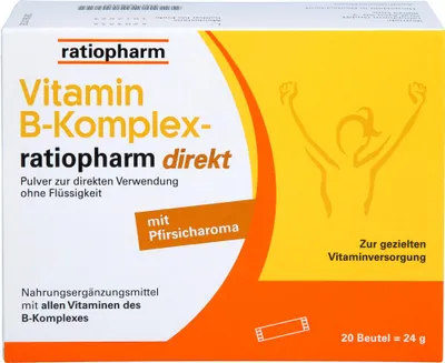 Produktbild von Ratiopharm Vitamin B-Komplex direkt Pulver mit Pfirsicharoma, 20 St. Beutel