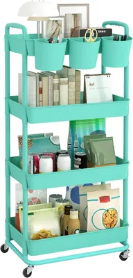 Immagine prodotto di Carrello a 4 ripiani, in plastica, con ruote e contenitori, per la cucina