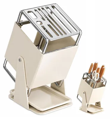 Immagine prodotto di Portaoggetti per coltelli, girevole, per 10 coltelli, con contenitore raccogligocce, in acciaio inossidabile, color crema, dimensioni 16x12x24,5 cm