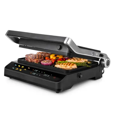 Zdjęcie produktu dla Grill elektryczny LEHMANN STELIO, opiekacz do Panini, tostów, steków 2000W + programator czasu i temperatury 90 - 230℃, rozkładany, Lehmann LHOEG-2029