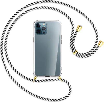 Produktbild von Handykette Backcover-Schutzhülle mit Band (Metall goldfarben) für Apple iPhone 12 Pro Max - schwarz/weiß gestreift