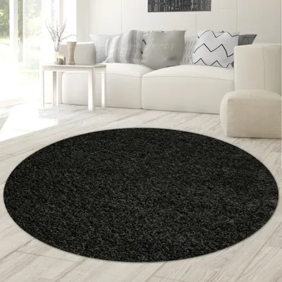Image de Tapis Shaggy moderne à poils longs - Design uni en noir Taille - 200 cm Rond