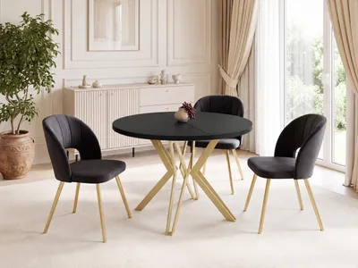 Produktbild von Runder Tisch für das Esszimmer - 100 oder 120 cm Durchmesser - Ausziehbarer Tisch mit Pulverbeschichteten Goldenen Metallbeinen - Industriestil - 120 cm - Schwarz