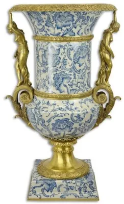 Produktbild von Casa Padrino Barock Deko Vase Creme / Blau / Gold 53 x 47,8 x H. 85,7 cm - Prunkvolle Porzellan Blumenvase mit 2 Bronze Griffen - Deko Accessoires im Barockstil