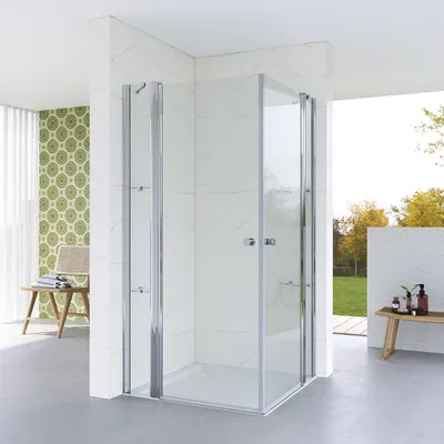 Produktbild von Duschkabine Eckeinstieg Pendeltür Eckdusche Duschabtrennung 100x100cm mit Festteil und Duschablage aus Sicherheitsglas (ESG) 5 mm klar rahmenlos