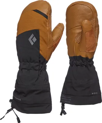 Schwarze und braune Mercury Mitts Handschuhe von Black Diamond; geeignet für Aufstiegsaktivitäten.