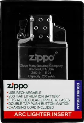 A Zippo arc lighter insert is displayed in its packaging.