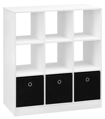 Image de Étagère bibliothèque avec espace de rangement - Étagère cubique - 9 compartiments - 3 tiroirs en tissu - 80 x 86,5 x 30 cm - À assembler soi-même - Blanc
