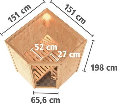 Productafbeelding van Karibu Sauna, binnensauna, model Nanja. Hoekinloop zonder accessoires. Afmetingen: 151x151x198 cm. Zonder daklijst. Met deur met bronzen afwerking