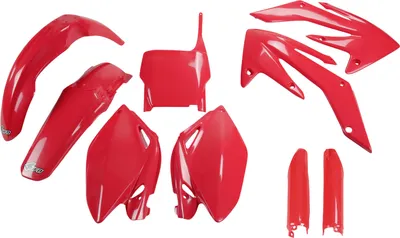 Image de Kit de carénage UFO PLAST, 9 pièces, ensemble de carénages en plastique avec protection de fourche pour Honda CRF R 250 cm³, années 2006-2007, couleur : rouge, référence OEM 00-26