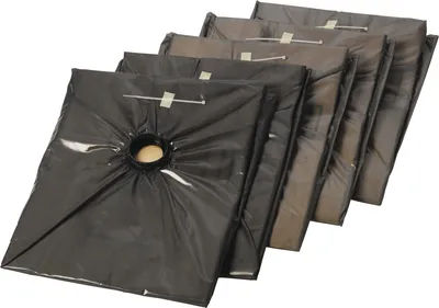 A stack of black and brown filter bags for an industrial vacuum cleaner, arranged diagonally.