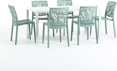 Image de Set de salle à manger d'extérieur avec table rectangulaire 156x78 cm et 6 chaises empilables en résine renforcée de fibres de verre - design moderne imitation bois, idéal pour le jardin, la terrasse et les espaces extérieurs couverts - THOMAS+DAFNE - Vert sauge/Blanc