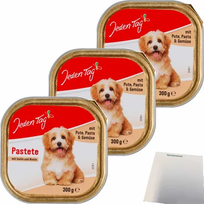 Produktbild von Jeden Tag Hund Feine Pastete Pute,Pasta,Gemüse 3er Pack (3x300g Schale) + usy Block