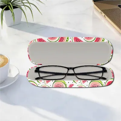 Produktbild von Brillenetui aus Leder mit Hartschale, tragbar für Reisen, Aufbewahrungstasche für Brillen, Clamshell-Schutzhülle mit Reinigungstuch für Damen und Herren, Wassermelonen-Muster, 16.2x6.4x3.9cm