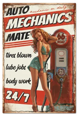 Produktbild von Metallische Wanddekoration im Retro-Stil mit Tankstelle und weiblichem Motiv, 20x30 cm